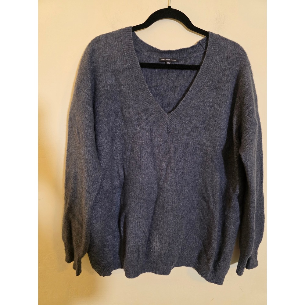 James Perse Los Angeles Blue Ribbed V-Neck Knit Wool Sweater Size 2(Medium)*Flaw